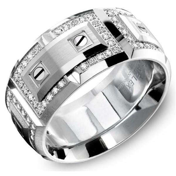 Men’s 11mm “Carlex Collection” Brushed Wedding Band with Pavé Diamonds in 18K White Gold – 0.75 cttw Style 