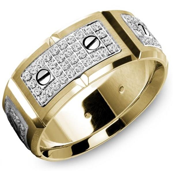 Men’s 9.5mm “Carlex Collection” Brushed Wedding Band with Pavé Diamonds in 18K Yellow Gold – 0.75 cttw Style 