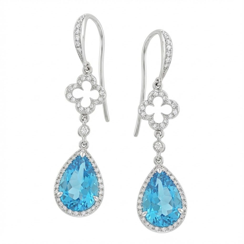 Zeghani Blue Topaz and Diamond Clover Halo Dangle Earrings (7.20cttw Gemstones / .52cttw Diamonds)