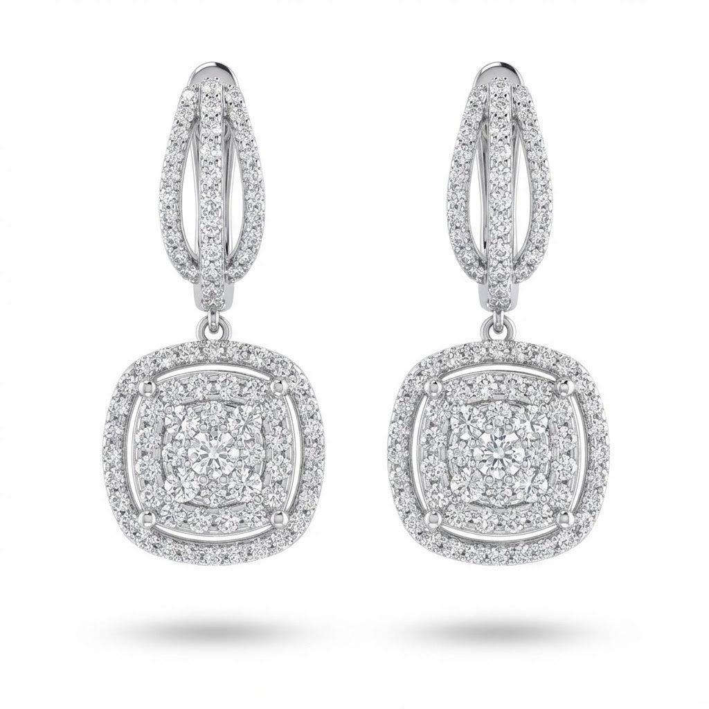 Zeghani Cushion Halo Diamond Dangle Earrings in 14K White Gold 1.51cttw of Pave-Set Round Diamonds